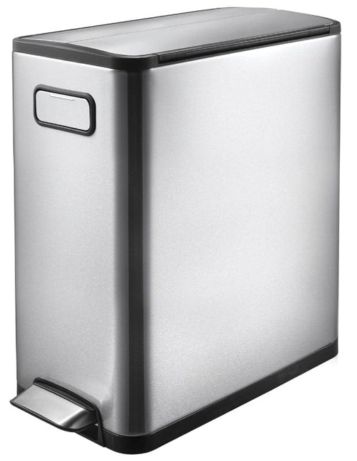 Brushed stainless steel internal recycling bin with lid closed.  Slim footprint