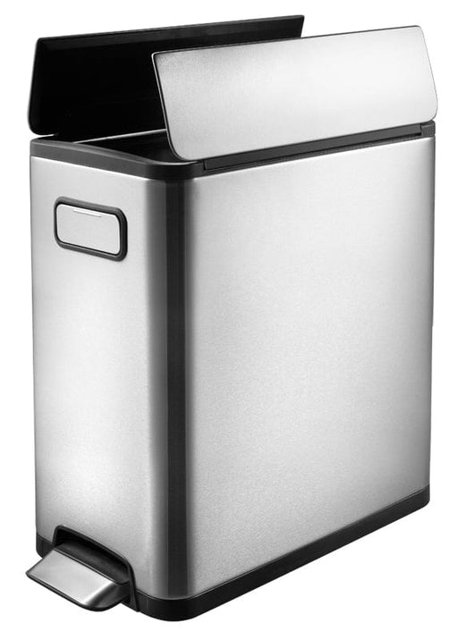 Slim brushed steel recycling bin with foot pedal pressed and butterfly lid in the open position