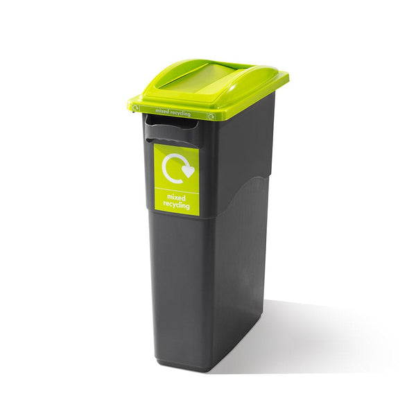 Mixed recycling 70 litre eco slim with lime swing lid and graphic to the front 
