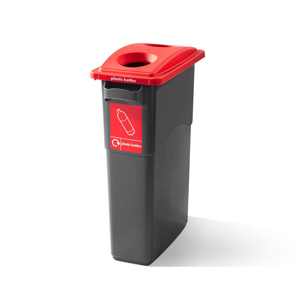 Red hole top recycling lid with plastic bottles label to the front of the base and lid