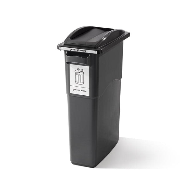 General waste bin showing black swing lid with white general waste iconography