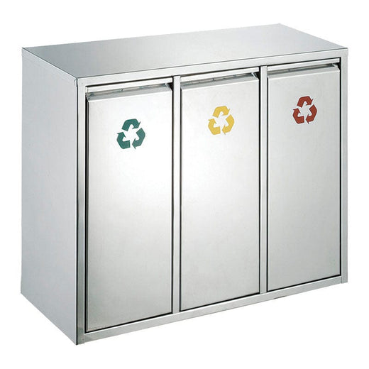  Eko Recycling Station in a closed position, featuring three compartments with color-coded recycle icons for effective waste separation.