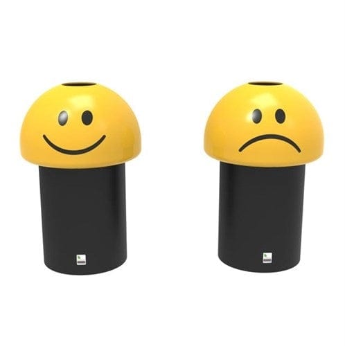 Emoji recycling bins, robust UV-resistant plastics suitable for indoor/outdoor use. with 60-70 litre capacity.