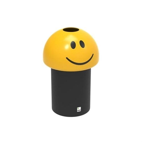 Smiley emoji litter bin with a dome top open aperture lid and a black base.