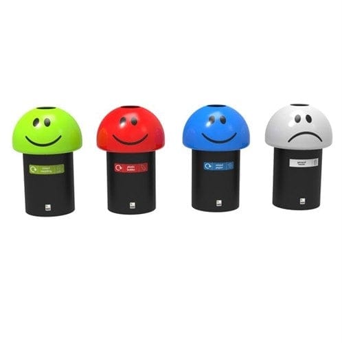 Emoji Recycling Bins featuring various emotions in WRAP compliant colors and labels.