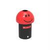Happy Emoji Bin with a red dome top lid and open aperture for plastic waste disposal.