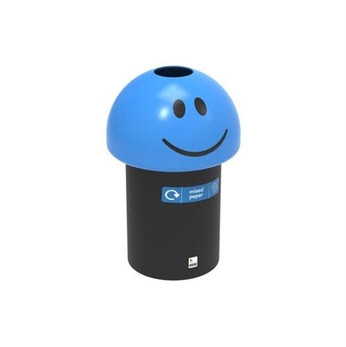 Blue smiling emoji bin for mixed paper recycling can hold up 60-70 litres.