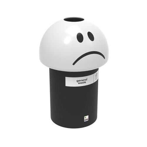 Sad-faced white emoji bin designed for general waste disposal.