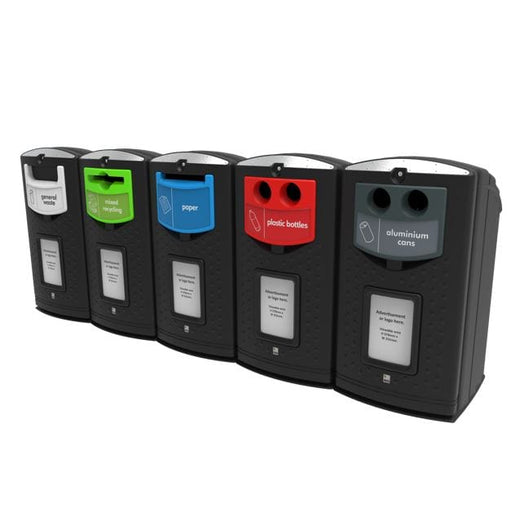 240 litre Envirobank Recycling Bins displaying different front apertures and labels for efficient waste disposal.