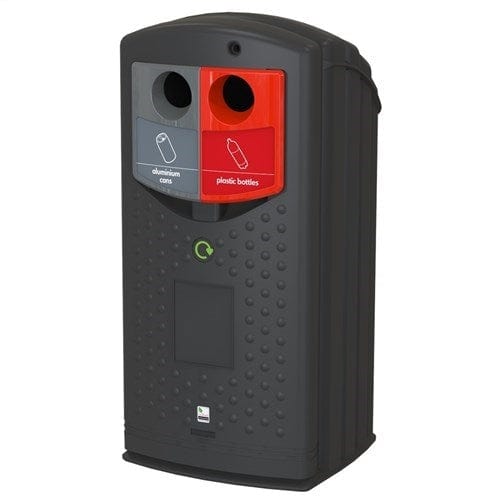 Split bin designed for effective recycling labeled for aluminum cans in grey and plastic bottles in red.