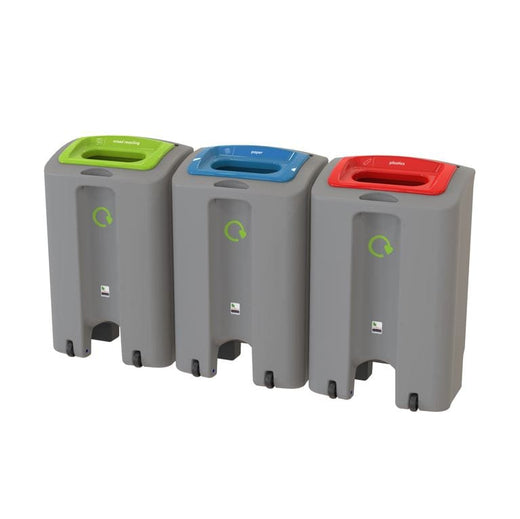 Image showing three EnviroGo bins in color coded lids and labels for various waste streams with wheel feature for mobility.