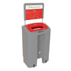 Red-lidded EnviroGo bin for plastics with front handle and wheels for easy mobility.
