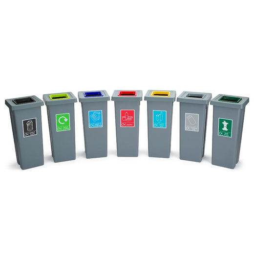 Set of 50 litre capacity colour coded recycling bins.