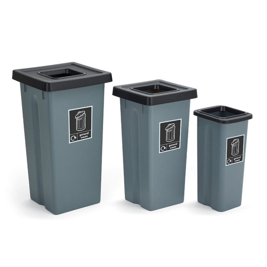 Size options of the Freestanding Black Lid Recycling Bins with General Waste Sticker Label.