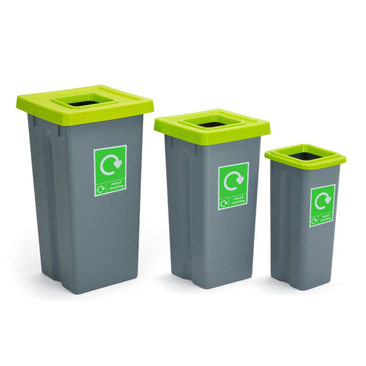 Size options of the Freestanding Lime Green Lid Recycling Bins with Mixed Recycling Sticker Label.