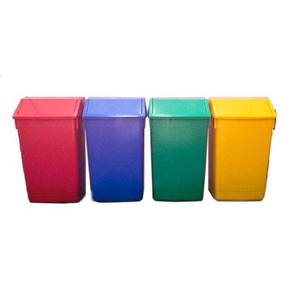 Group shot of 4 coloure flip lid recycling bins.  Body and lid are solid colour, available in red, blue, green or yellow