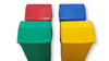Top view of 4 recycling bins, red, green, blue and yellow 