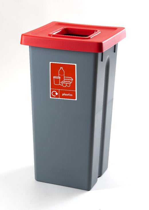 Square Top Aperture Red Lid Recycling Bin for Plastic Waste.