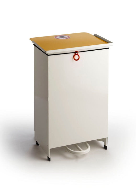 50L Fire Retardant Sackholder Pedal Bin in White with a Yellow lid.