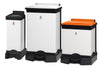 All plastic sackholder group shot. 3 different sizes with black, white and orange lids