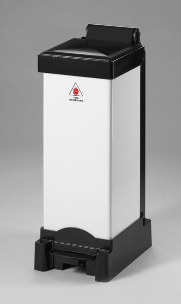 25 litre all plastic sackholder in white with black base and lid and fire retardant sticker