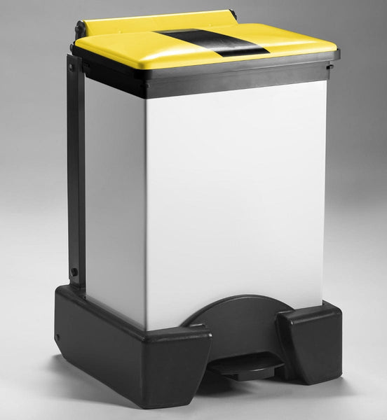 All plastic 45 litre plastic sackholder with a tiger stripe lid and white body