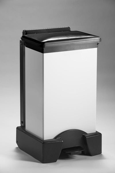 All plastic 65 litre plastic sackholder with a black lid and white body
