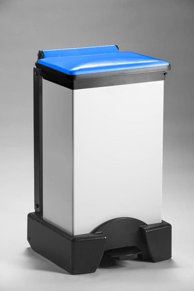 All plastic 65 litre plastic sackholder with a blue lid and white body