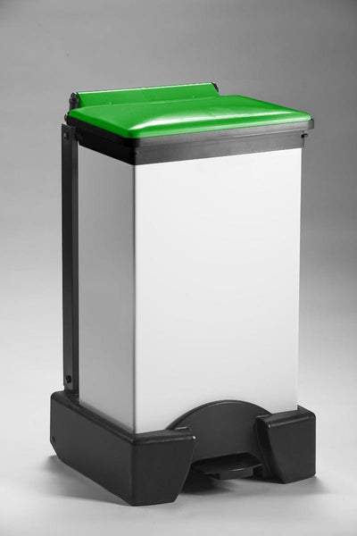 All plastic 65 litre plastic sackholder with a green lid and white body