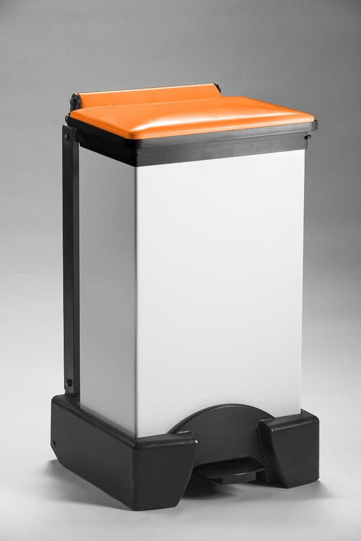 All plastic 65 litre plastic sackholder with a orange lid and white body