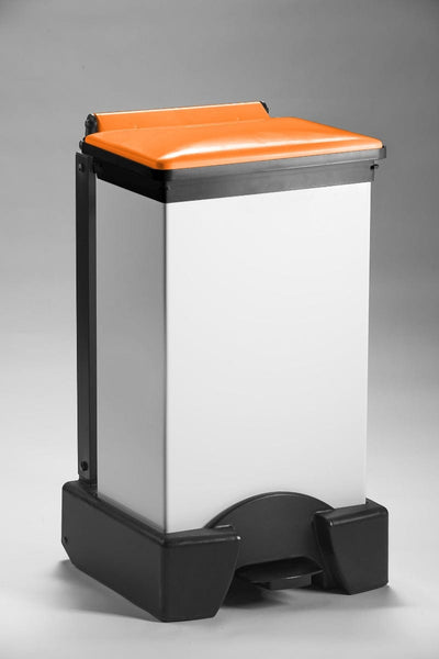 All plastic 65 litre plastic sackholder with a orange lid and white body