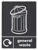 Black general waste a5 graphic containing trashcan icon, loop and text in white