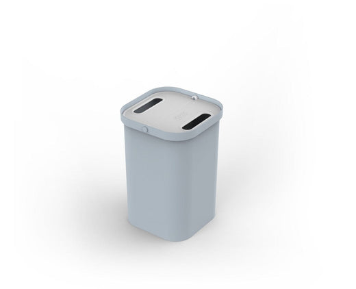 freestanding photo of a 2x7 grey-bodied recycling caddy with the white id closed