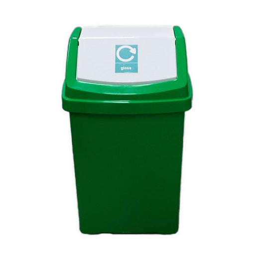 Green flip lid recycling bin with sticker label for glass recycling.