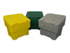 Grit bin group shot, with one of each green, grey and yellow .  Each with a 60 litre capacity