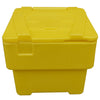 Yellow 60 litre grit bin with lid in the closed position and tapered design