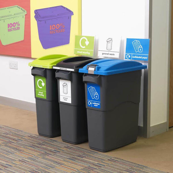 Group shot of 3 ecoslims, showing mixed recycling, general waste and confidential paper recycling streams