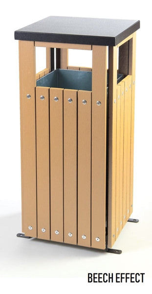 Square wood effect litterbin with open aperture on all sides, beech effect