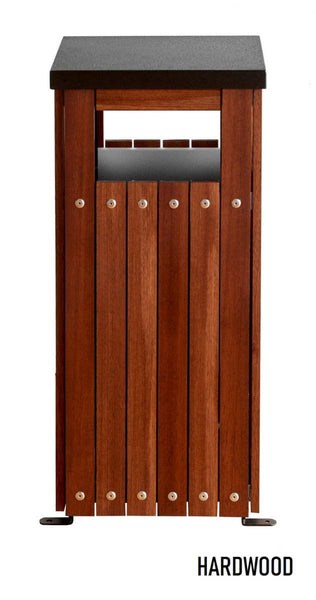 Hardwood effect square litterbin, featuring a galvanised liner, ground mountable feet and a black powder coated lid