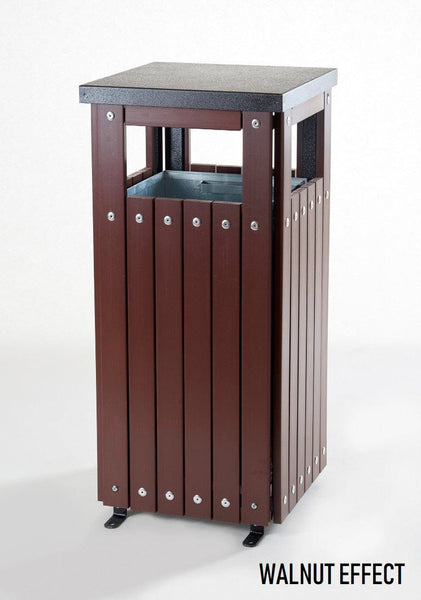 Walnut finish litter bin with black powder coated lid, open apertures with a galvanised liner