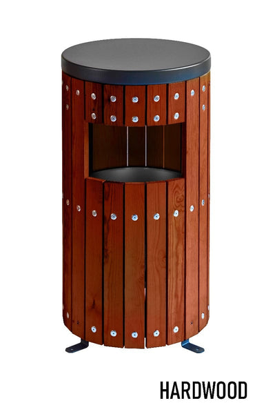 Freestanding external litter bin with rectangular aperture to the front, with hardwood slats around 