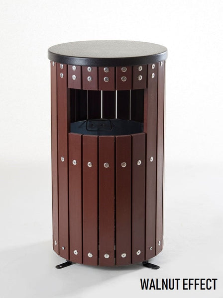 Round external litter bin with walnut coloured slats and feet for ground mounting.  Complete with black removable metal lid