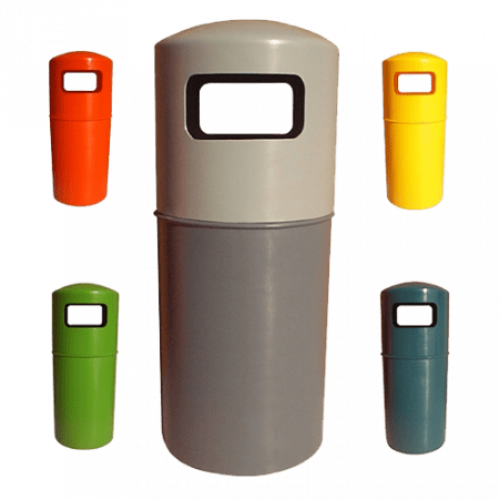 Hooded 90 litre plastic bin group shot. Grey, red, yellow, green and blue bins