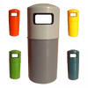 Hooded 90 litre plastic bin group shot. Grey, red, yellow, green and blue bins