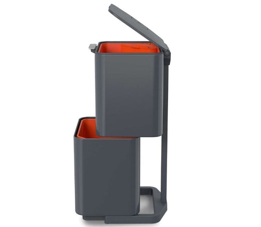 Side view photo of a graphite colored trash bin with 2 compartments stacked.