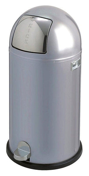 Aluminium grey in colour.  Wesco freestanding 40 litre pedal bin with black protective rim around the base