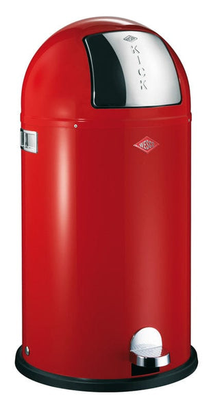Red Wesco branded litterbin featuring chrome flap, pedal and side handles