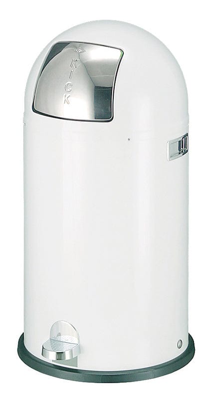White domed top litter bin from Wesco, featuring a stainless steel flap and easy operated foot pedal
