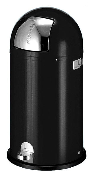 Wesco branded pedal bin, powder coated in black with black protective rim around the base