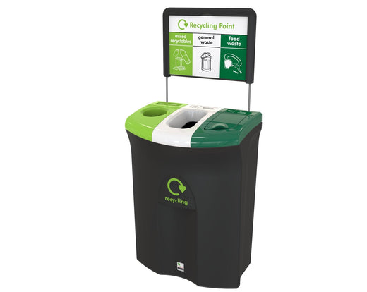 a triple trash bin featuring a light green lid, a white lid, and a dark green lid. Topped off with a signage.